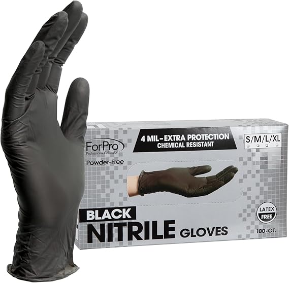 ForPro Professional Collection Disposable Nitrile Gloves, Chemical Resistant, Powder-Free, Latex-Free, Non-Sterile, Food Safe, 4 Mil, Black, Large, 100-Count