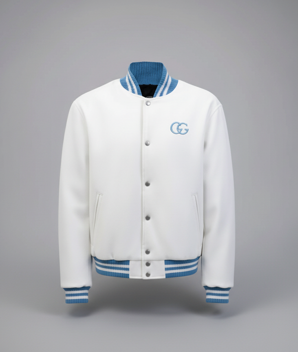 Garments Gallery Varsity Jacket – White and blue