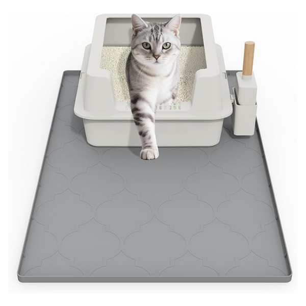 Cat Mat for Litter Box, 34" X 22" Large Silicone Cat Litter Trapping Mat, Easy Clean for Scatter Control, Soft on Kitty Paws, Waterproof, Urine-Proof, Non-Slip Kitty Litter Mat for Floor, Gray